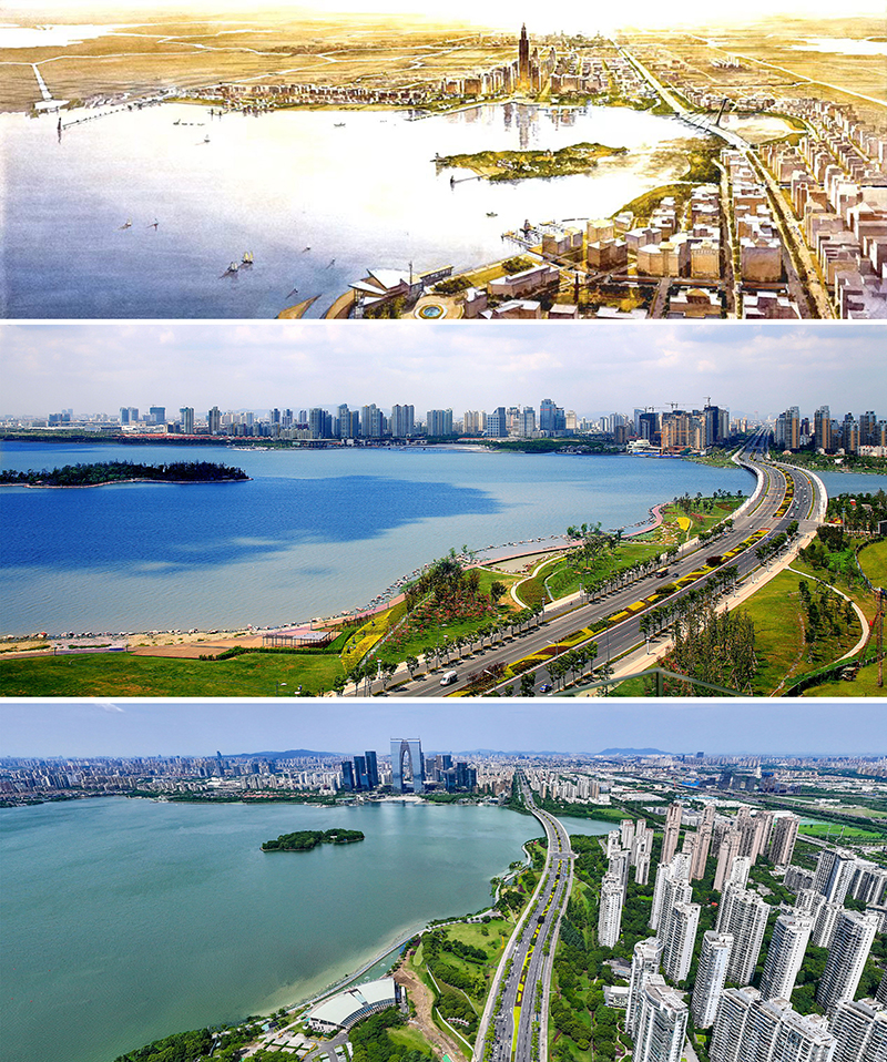 拼版照片:上图为1994年绘制的苏州工业园区手绘规划图;中图为2007年拍摄的苏州工业园区;下图为2023年7月4日用无人机拍摄的苏州工业园区。